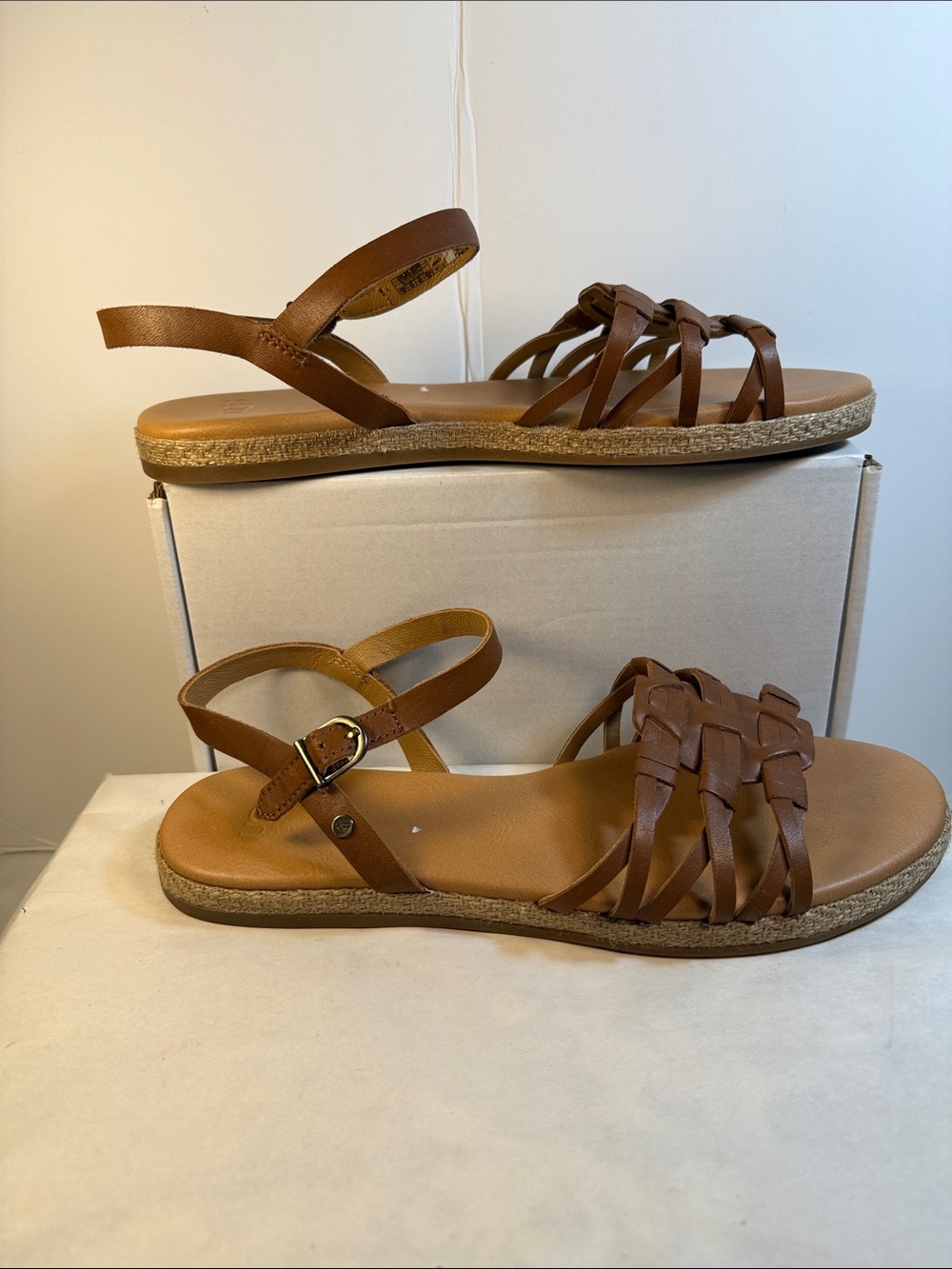 UGG Brown Strappy Leather Ankle‑Buckle Sandals